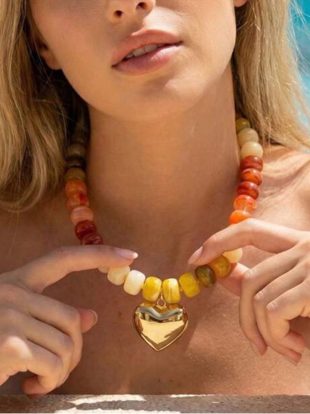 New! Sunset Chunky Beaded Gold Heart Statement Necklace NWOT